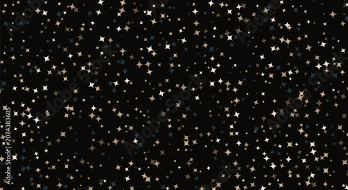 Sparkling celestial star pattern background with gold and dark blue glitters on black for luxury night sky design.