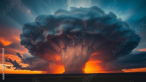 Massive anvil-shaped thunderstorm cloud formation at sunset, dramatic sky.