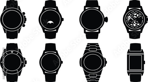Wristwatch silhouette icons set including luxury mechanical sports diver and smart watches for product design