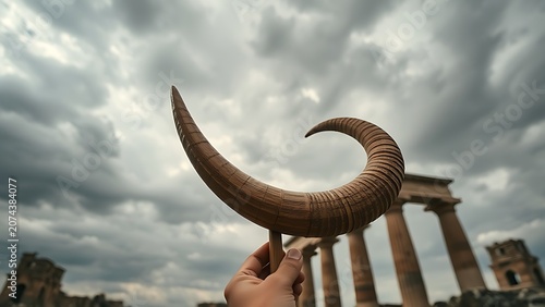 A ram's horn shofar held high against a cloudy sky with ancient ruins in the foreground.