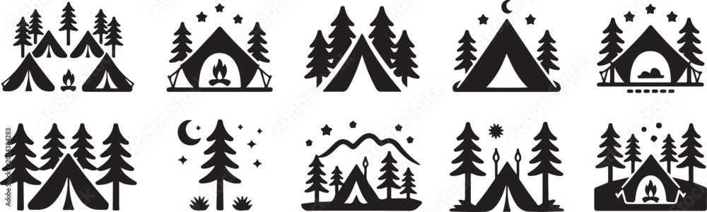 Obraz premium Collection of camping and outdoor adventure icons featuring tents, pine trees, campfires, stars, and mountains.