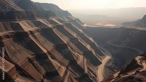 Steep mine slope showing geological layers, dramatic landscape.