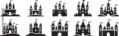 Set of black castle icons representing royal medieval fortresses and strongholds for historical gaming or tourism graphic themes.