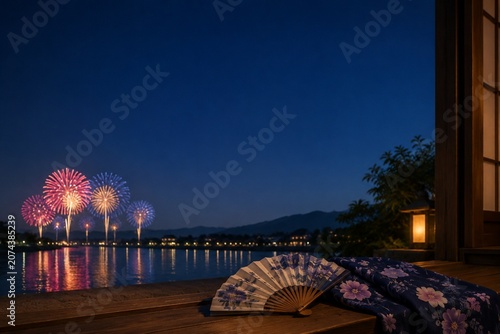Obraz na plátně Folded fan and yukata sleeve on doorstep with fireworks over Sumida River, Tokyo summer celebration