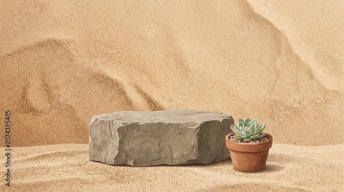 Natural stone podium on sand background with succulent pot for product display
