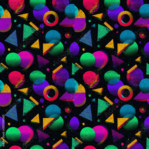 Risograph Geometric Seamless Pattern, Retro Memphis Abstract Shapes with Grainy Noise Texture