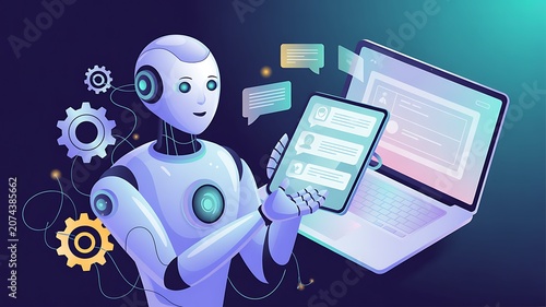 AI coding assistant for software development concept. Machine Learning Code, Programmer use laptop with code and AI robot represent artificial intelligence, AI programming, software development tools