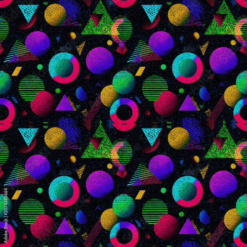 Risograph Geometric Seamless Pattern, Retro Memphis Abstract Shapes with Grainy Noise Texture