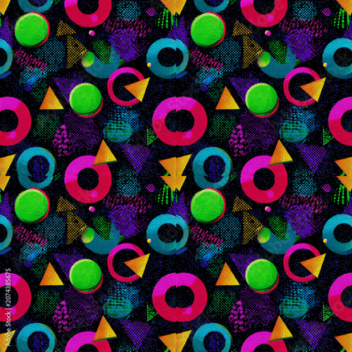 Risograph Geometric Seamless Pattern, Retro Memphis Abstract Shapes with Grainy Noise Texture