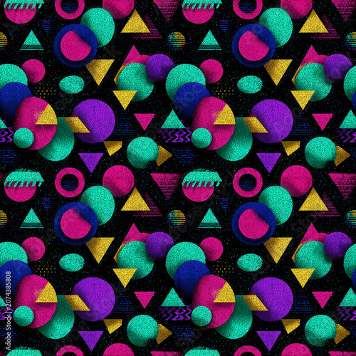 Risograph Geometric Seamless Pattern, Retro Memphis Abstract Shapes with Grainy Noise Texture