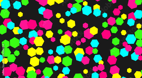 Vibrant neon hexagon pattern on black background with glowing magenta cyan and lime green geometric shapes.