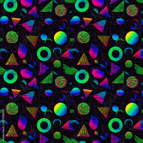 Neon Cyberpunk Seamless Background, 90s Style Symmetrical Circles and Triangles Print on Black