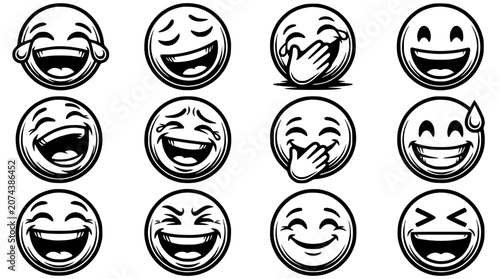 Photos Set of 12 Laughing Emoji Faces - Black and White Icons