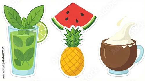 A set of three stickers of different types of drinks
