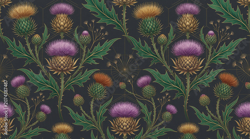 Botanical thistle pattern with vibrant purple and gold flowers on charcoal background.