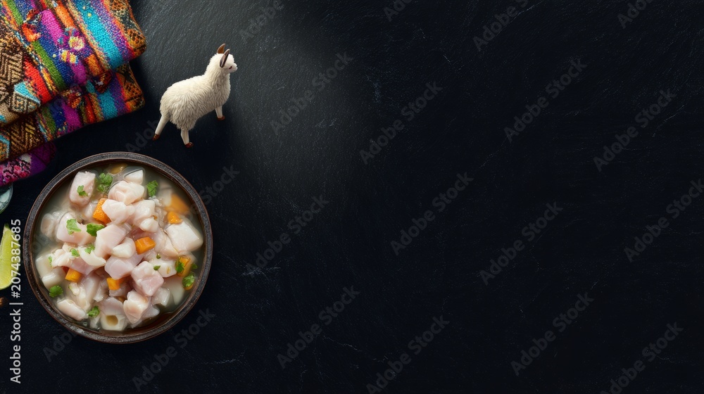 Obraz premium ceviche. Peruvian Independence Day bundle: ceviche, wool textiles, llama figurine, and pan flute on slate surface. event programs. 