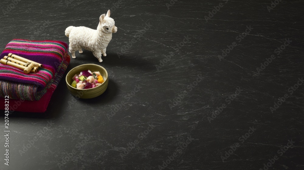 Obraz premium ceviche. Peruvian Independence Day bundle: ceviche, wool textiles, llama figurine, and pan flute on slate surface. event programs. 