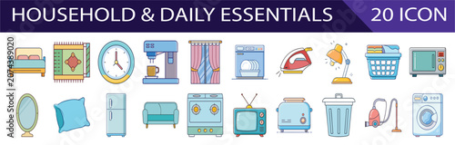 Collection of Household and Daily Essentials Flat Design Icons in Vibrant Colors