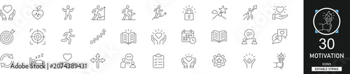 Foto Motivation and success line icon set with 30 icons goal, vision, inspiration, personal growth, achievement, potential, mindset