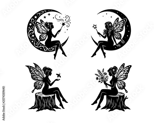 Schilderij op canvas Fairy Silhouette Collection Vector Illustration Set