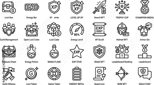 Canvastavla Vector line icon set of web3 crypto gaming loot boxes level up experience points