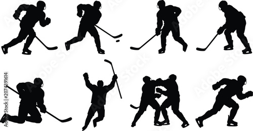 Photography Ice Hockey Player Silhouette Collection with Skating Shooting and Celebration Ac