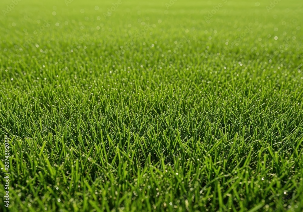 Fototapeta premium Lush, thick turf texture showing the vibrant results of meticulous lawn care and horticultural maintenance practices under bright sunlight, growth, summer, gardening