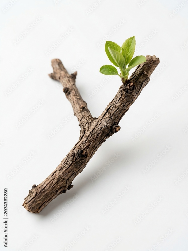Fototapeta premium Small green plant growing on dead tree branch isolated