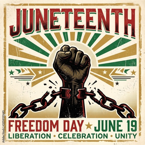 Juneteenth freedom day poster with raised fist and broken chains