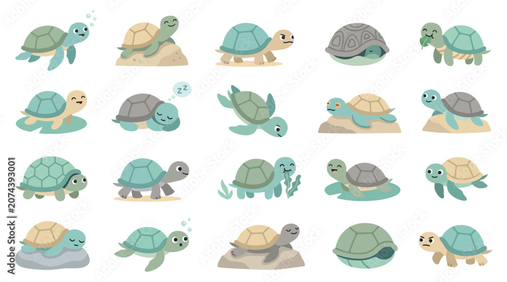 Fototapeta premium Collection of cute cartoon turtles in various poses and environments, illustrating different aspects of their life and behavior.
