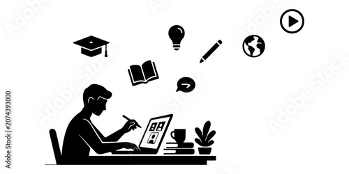 Tableau sur toile Online Learning Silhouette Vector Set, E-Learning Education Icons Collection, St