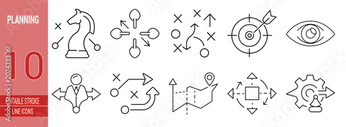 Strategic Planning Business Management Growth Development Line Icons Set
