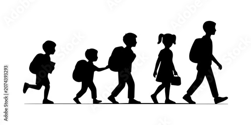 Children going to school icon black silhouette vector.back to the school, Children walking time to go to school , Two children walking with backpacks, boy and girl side by side, student life, learn