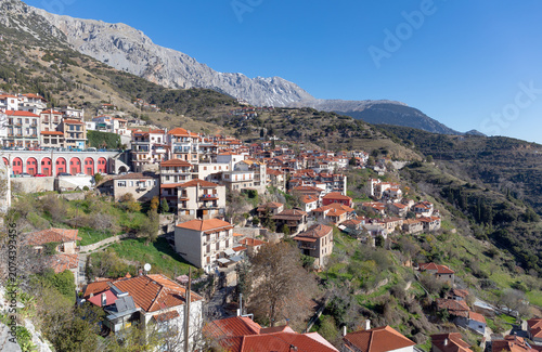 Panoramic view of Arachova village on Mount Parnassus, Greece