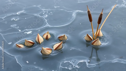 Frozen lake surface in deep winter with lotus pods and reeds encased in clear ice.