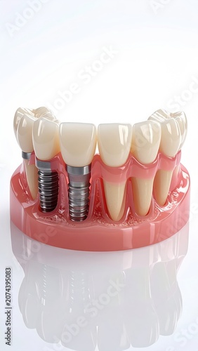 Dental implant model showcasing prosthetic teeth anchored to metal posts