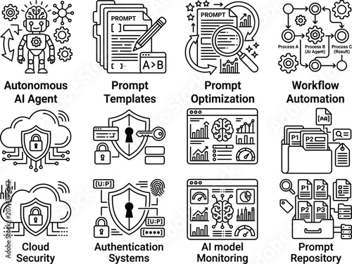Black and white line art illustrations of various artificial intelligence and machine learning concepts including autonomous agents prompt templates optimization workflow automation cloud security