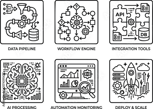 Business process automation and data integration technology icons set for workflow management and AI processing systems  data pipeline workflow engine integration tools AI processing automation