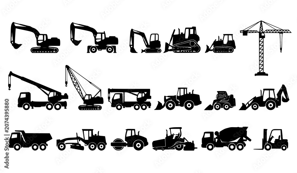 Fototapeta premium Industrial Heavy Equipment Bundle Featuring Construction Vehicle Black Silhouettes Vector Illustration