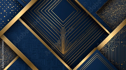 Sophisticated abstract background featuring deep navy blue layers combined with elegant gold geometric patterns and shimmering sparkling metallic texture details