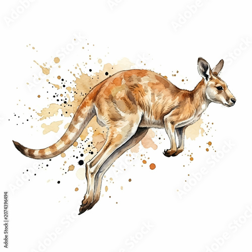 Canvastavla Jumping Kangaroo Watercolor Illustration with Orange Paint Splatter