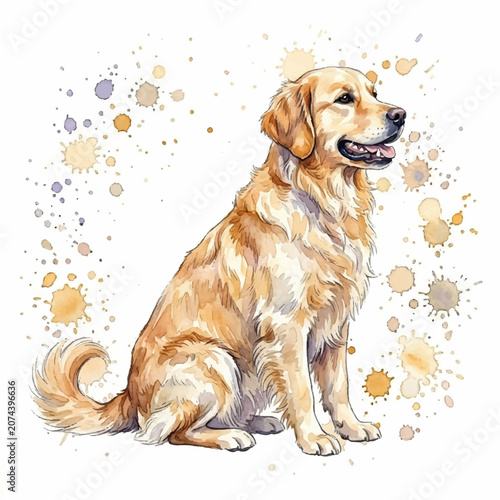Golden Retriever Dog Watercolor Illustration with Paint Splatter