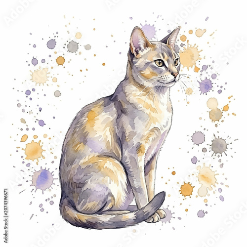 Sitting Cat Watercolor Illustration with Pastel Paint Splatter