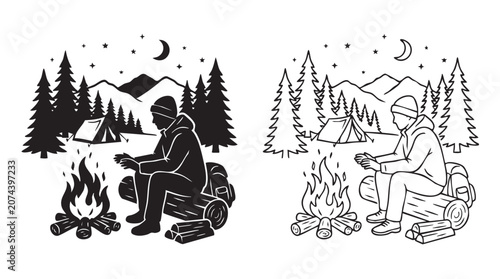 Bild auf Leinwand camping scene with people sitting by a fire