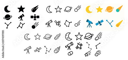 Astronomy icons with moon and star flat