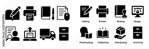 Publishing icons with printer book pencil solid