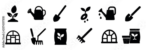 Gardening icons with sprout can shovel solid