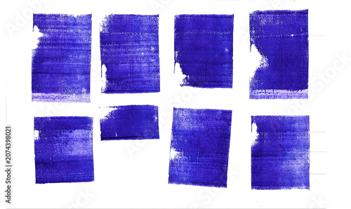 Set of vertical  blue violet ink stamp texture made by manual rolled brayer. Letter press grunge vintage rough rectangle shape. stamps manually brushing textures isolated on transparent background
