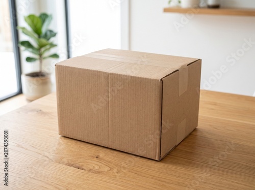 Closed Brown Cardboard Delivery Box Sitting on a Modern Wooden Table in a Bright Home Interior
