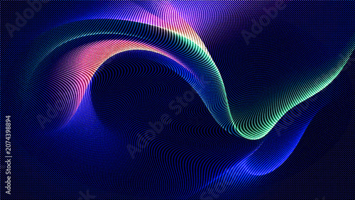 Abstract digital wave background with flowing particles, dynamic glowing lines in blue, pink, and green colors, futuristic technology concept, 3d illustration